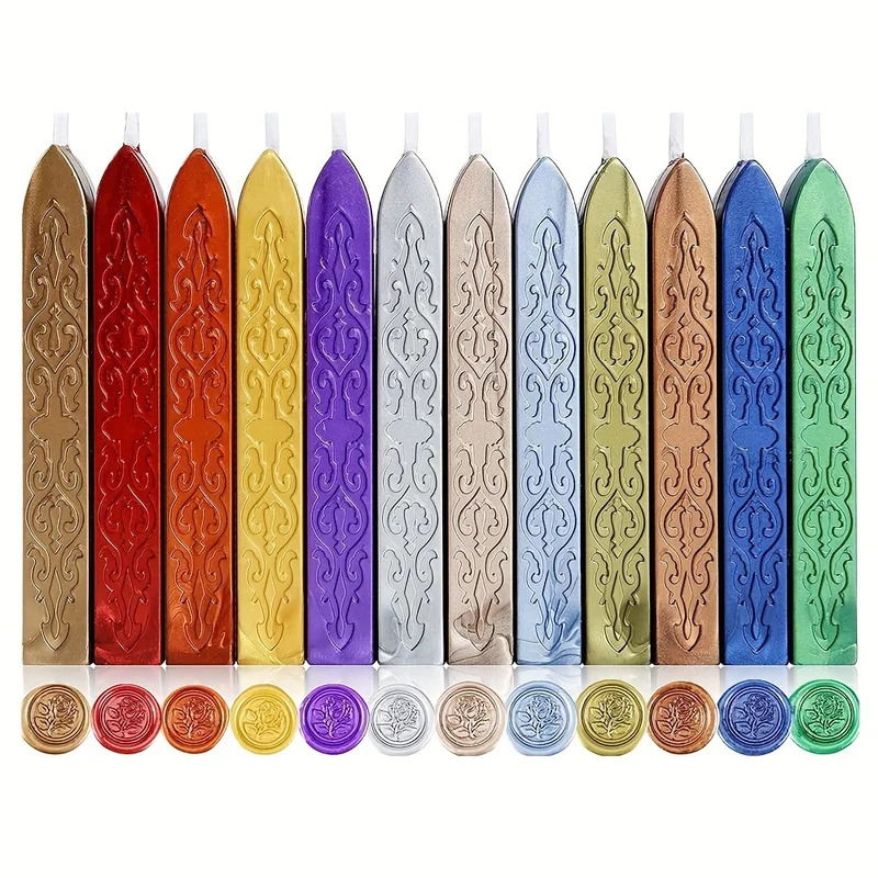 Wax Seal Stamp Kit - 12 ชิ้น/ถุงโลหะผสมสีขี้ผึ้งปิดผนึก Sticks กับ Wicks สําหรับ