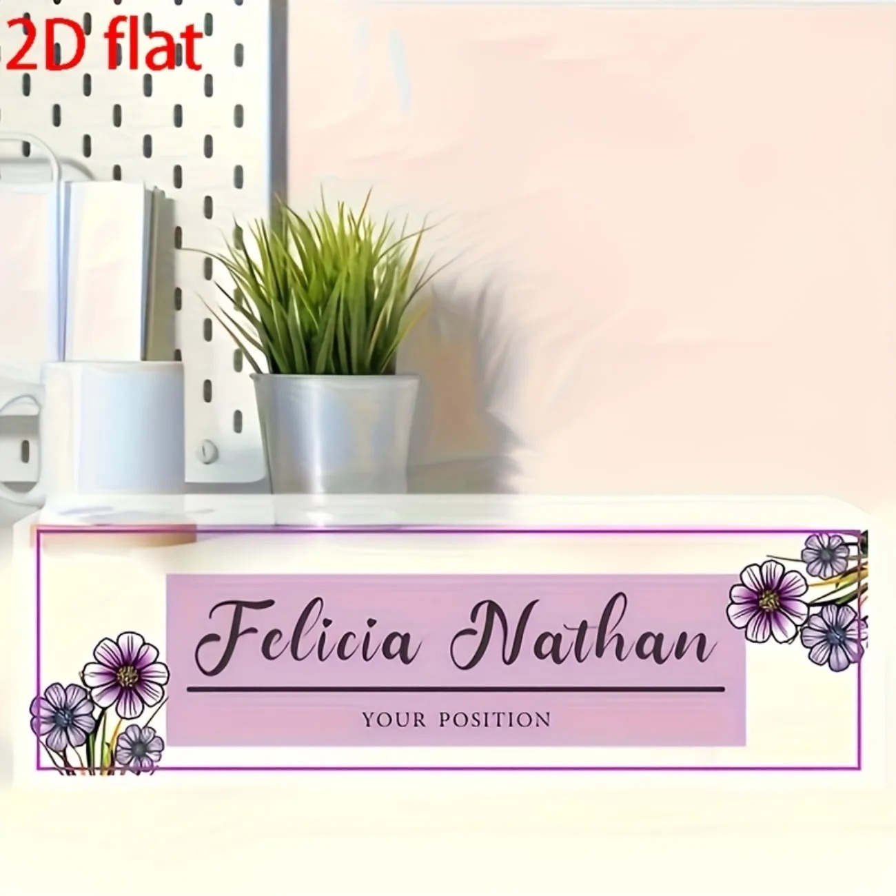 Desk Name Plate - ป้ายชื่ออะคริลิกตั้งโต๊ะลายดอกไม้สีชมพู-ม่วง, ของตกแต่งโต๊ะทำงานสุดหรูแบบปรับแต่งได้, ของขวัญสำหรับเทศกาล, ใช้สำหรับตกแต่งเท่านั้น