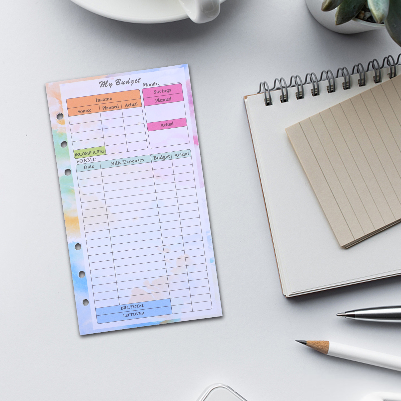 Planner Weekly Budget - กระดาษรีฟิลสำหรับสมุดวางแผนงบประมาณ A6 14 แผ่น สีสันสดใส แบบรู