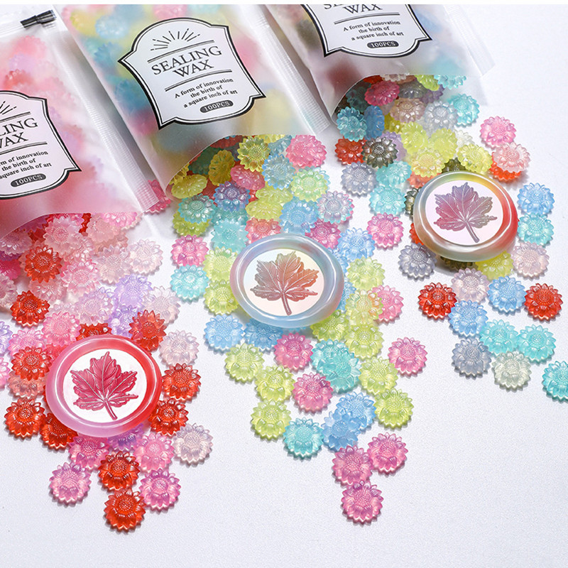 Wax Seal Stamp Kit - 100pcs ดอกทานตะวันโปร่งแสงซีลขี้ผึ้งลูกปัด DIY ซองจดหมายเชิญงานแต่งงาน Scrapbooking กระพริบซีลแสตมป์